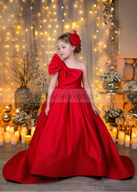 One Shoulder Red Satin Exquisite Flower Girl Dress